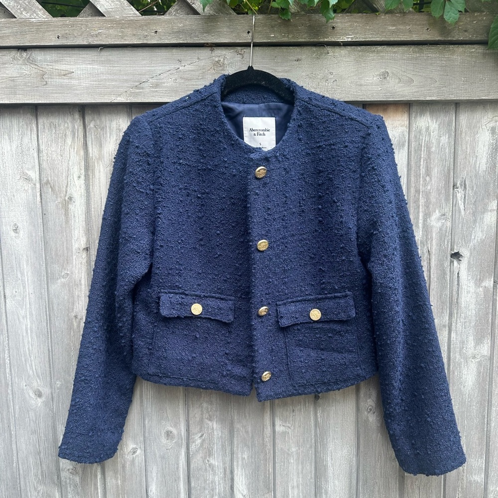 Abercrombie & Fitch Navy Bouclé Crop Jacket with Gold Buttons